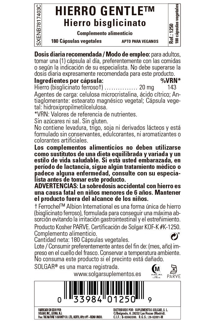 SOLGAR Hierro Gentle 20mg (180 Cápsulas Vegetales)-3