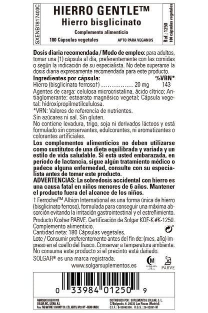 SOLGAR Hierro Gentle 20mg (180 Cápsulas Vegetales)-3