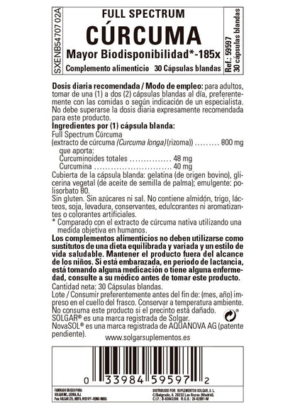 SOLGAR Curcumina de Espectro Completo 185x (30 Cápsulas Blandas)-3