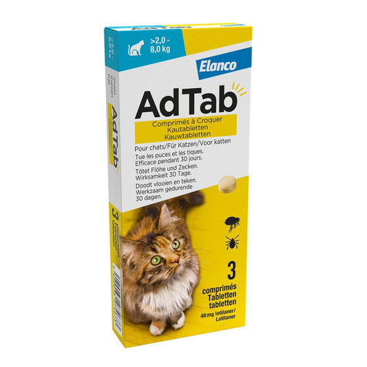 AdTab Antiparasitário 3 comprimidos mastigáveis para gatos 48mg 2-8kg