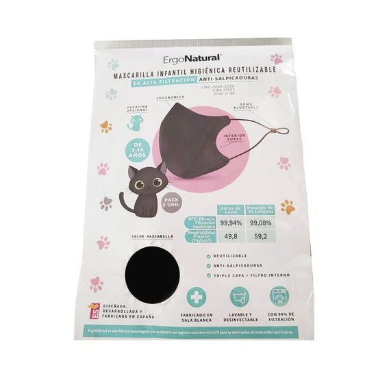 Mascarillas Reutilizables Higiénicas Niños ERGONATURAL Negra 2 Unidades-1