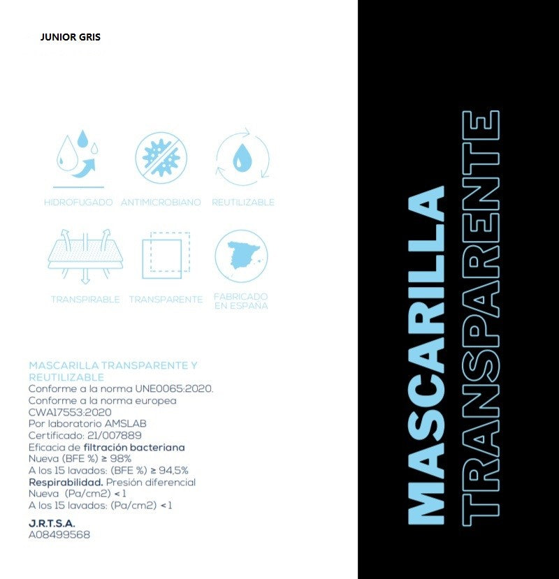 Mascarilla Transparente Homologada Reutilizable Niños (7-12 años) Color Gris 1 Mascarilla - INCA-8