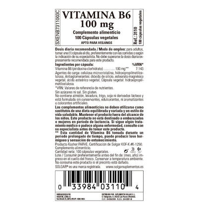 SOLGAR Vitamina B6 100mg (100 Cápsulas Vegetales)-3