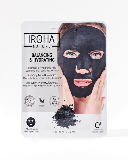 IROHA NATURE Masque Facial en Tissu Rééquilibrant et Hydratant au Charbon et Acide Hyaluronique 1 unité