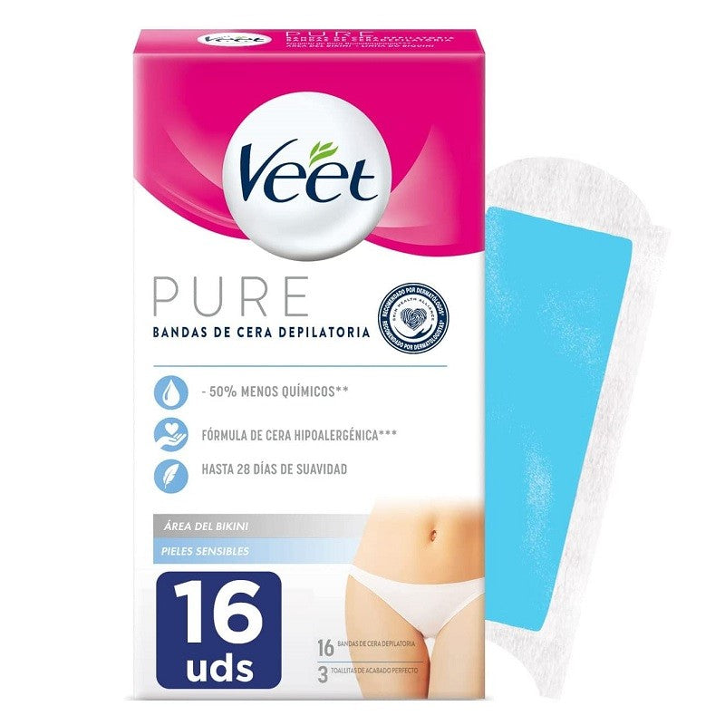 VEET Strisce di cera a freddo puro Depilatoria zona bikini Pelle sensibile 16 strisce