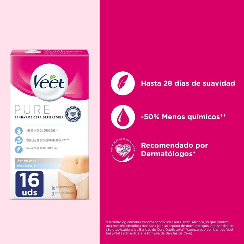 VEET Strisce di cera a freddo puro Depilatoria zona bikini Pelle sensibile 16 strisce