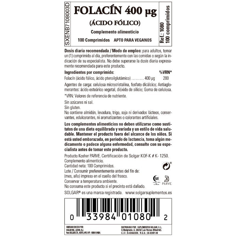 SOLGAR Folacín Ácido Fólico 100 comprimidos de 400mg-2