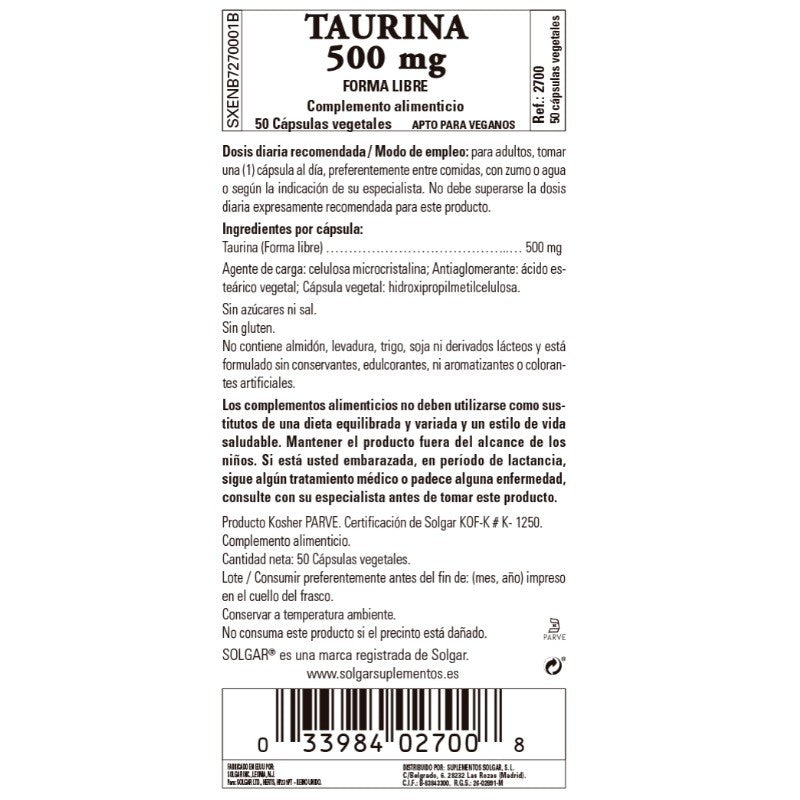 SOLGAR Taurina 500mg (50 Cápsulas vegetales)-2