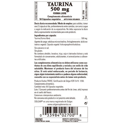 SOLGAR Taurina 500mg (50 Cápsulas vegetales)-2