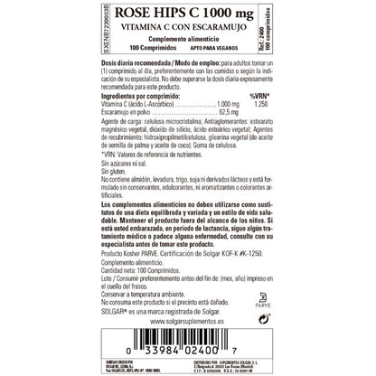 SOLGAR Rose Hips C 1000mg Vitamina C con Escaramujo (100 Comprimidos)-2