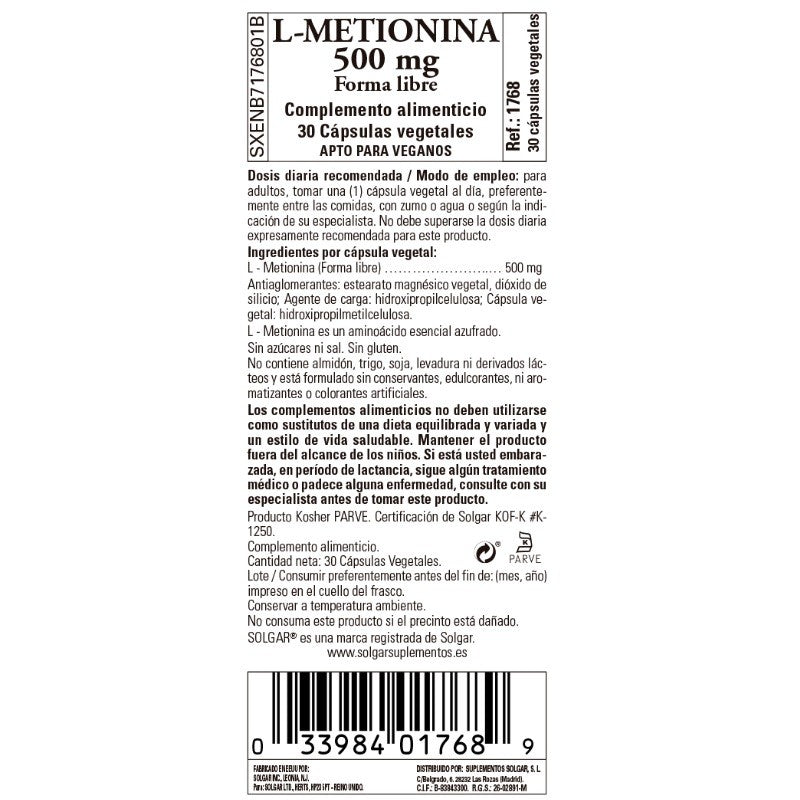 SOLGAR L-Metionina 500mg (30 Cápsulas Vegetales)-2