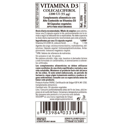 SOLGAR Vitamina D3 2200 UI (55 μg) (Colecalciferol) 50 Cápsulas Vegetales-2