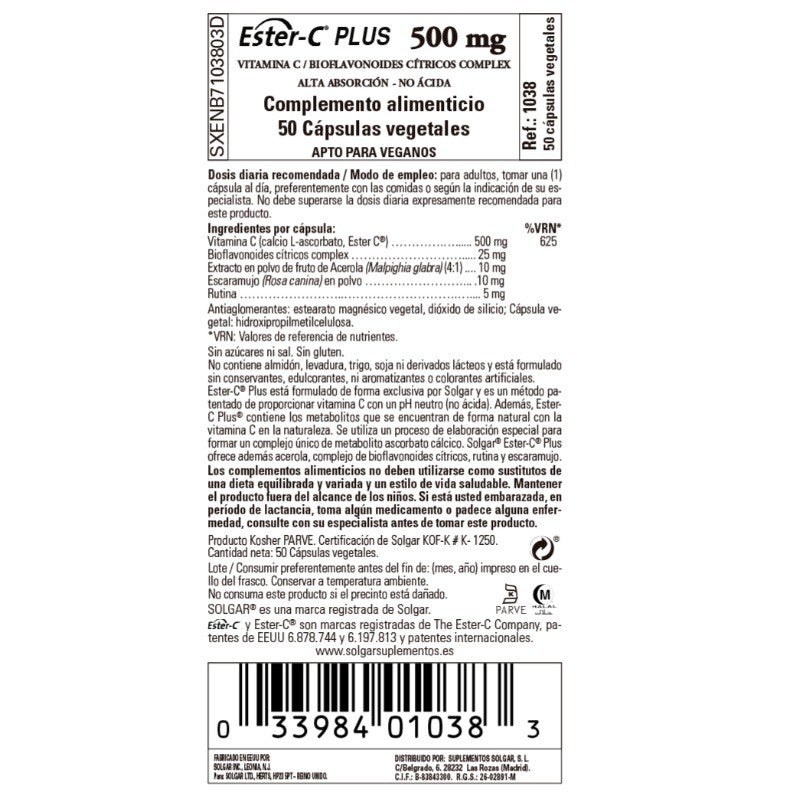 SOLGAR Ester-C Plus 500mg Vitamina C 50 Cápsulas Vegetales-2
