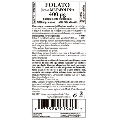SOLGAR Folato (como Metafolin) 400mcg 50 comprimidos-2
