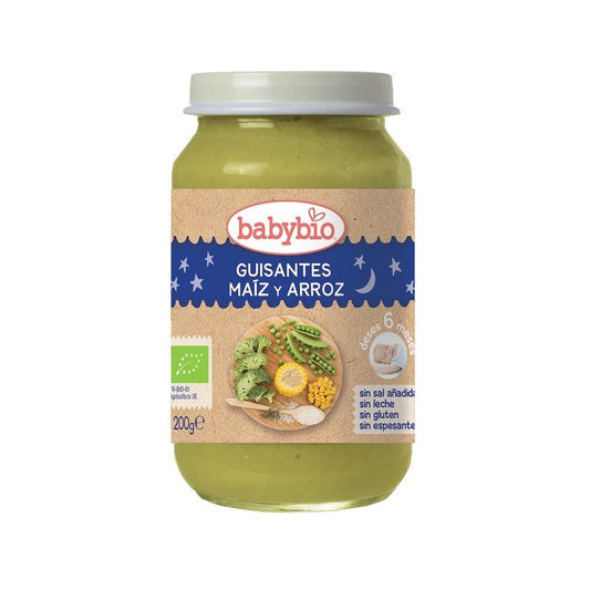 BABYBIO Tarrito Buenas Noches BIO Guisantes, Maíz y Arroz +6m 200g-1