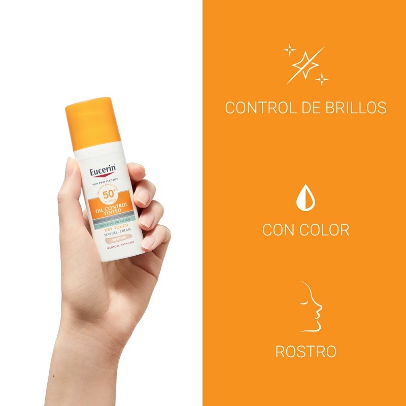 EUCERIN Oil Control SPF50+ con Color Medio Toque Seco Gel-Crema Solar Facial 50ml