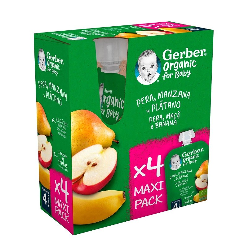 GERBER Organic Pouch Multipack Pera, Manzana y Plátano 4x90g-1