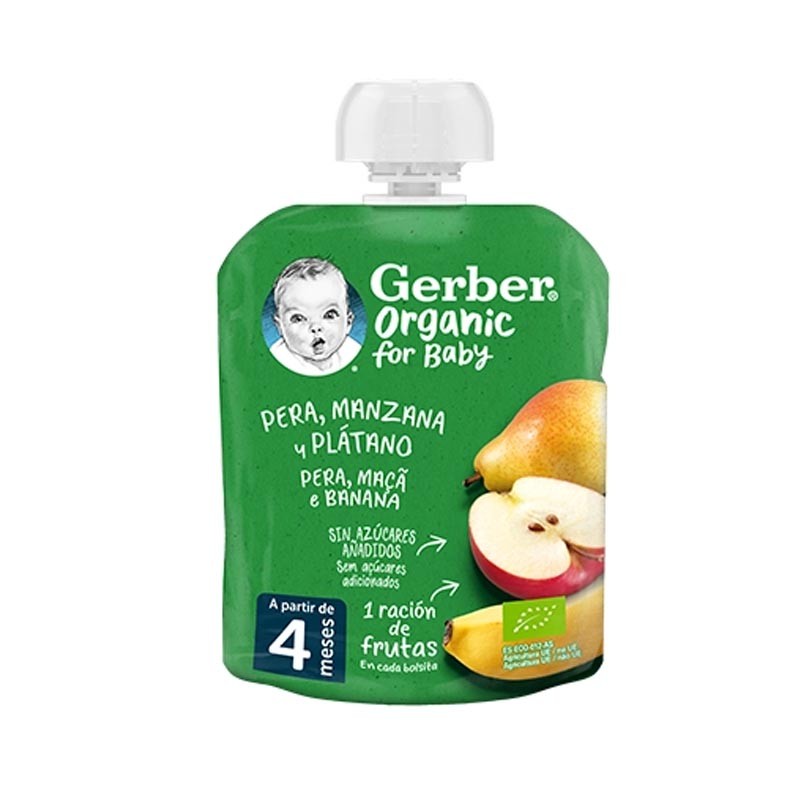 GERBER Organic Pouch Multipack Pera, Manzana y Plátano 4x90g-2
