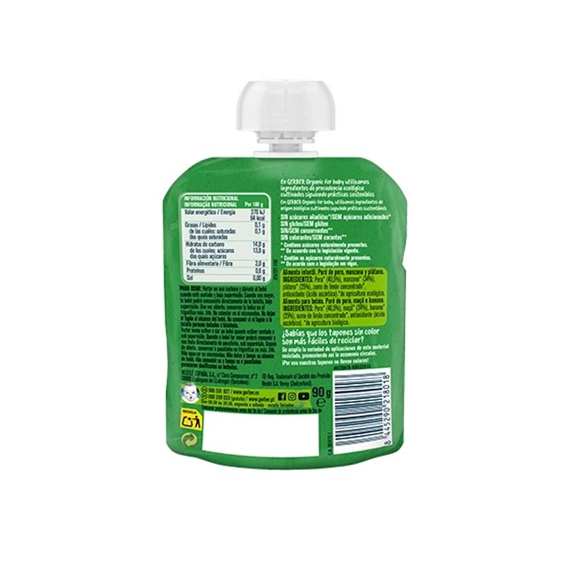 GERBER Organic Pouch Multipack Pera, Manzana y Plátano 4x90g-4