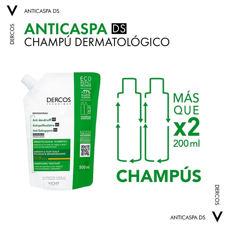 VICHY Dercos Champú Anticaspa Cabello Seco ECO RECARGA Duplo 2x500ml-4