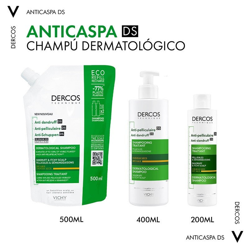 VICHY Dercos Champú Anticaspa Cabello Seco ECO RECARGA Duplo 2x500ml-5