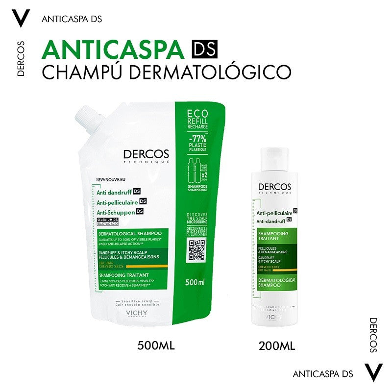VICHY Dercos Champú Anticaspa Cabello Seco ECO RECARGA Duplo 2x500ml-6