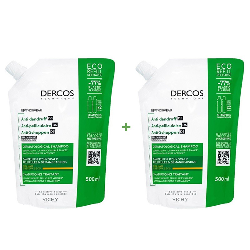 VICHY Dercos Champú Anticaspa Cabello Seco ECO RECARGA Duplo 2x500ml-1