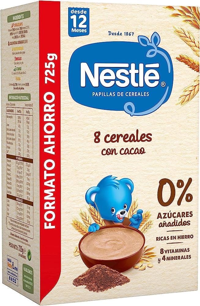 NESTLÉ Papilla 8 Cereales con Cacao 0% Azúcares Añadidos +12 meses 725g-1