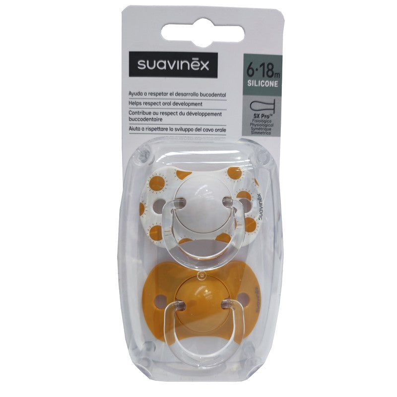 SUAVINEX Chupete SX Pro Tetina Fisiológica Silicona 6-18 Meses 2 Uds (Círculos-Naranja)-1