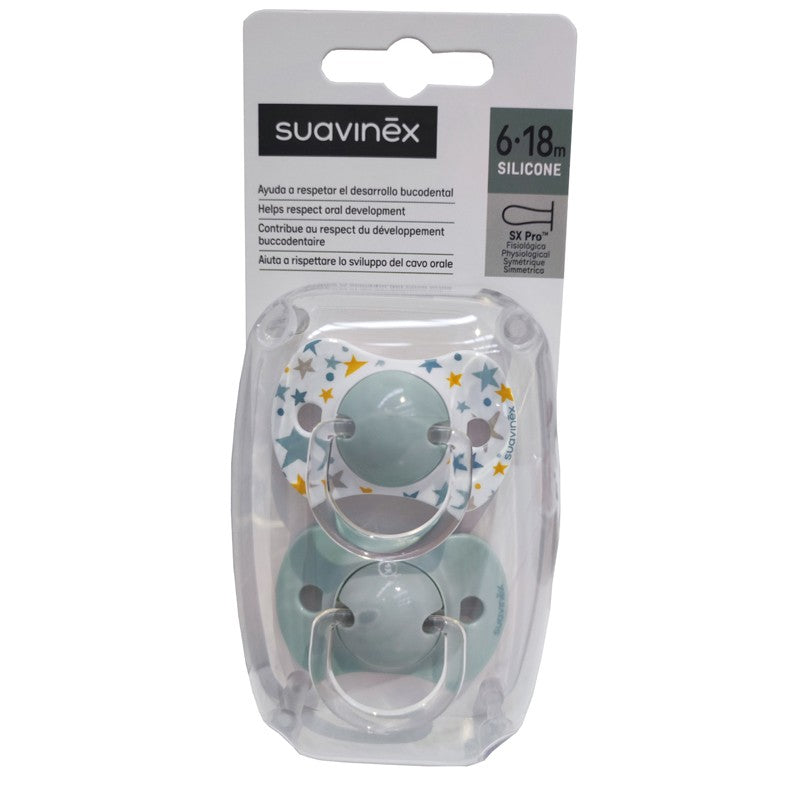 SUAVINEX Chupete SX Pro Tetina Fisiológica Silicona 6-18 Meses 2 Unidades (Estrellas-Azul)-1