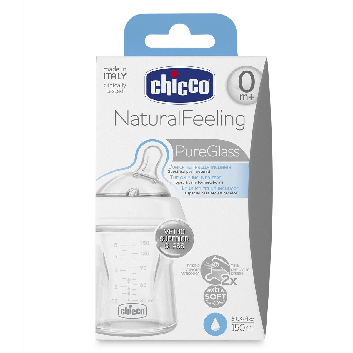 CHICCO Biberón Natural Feeling de Vidrio Flujo normal 150ML 0m+-1