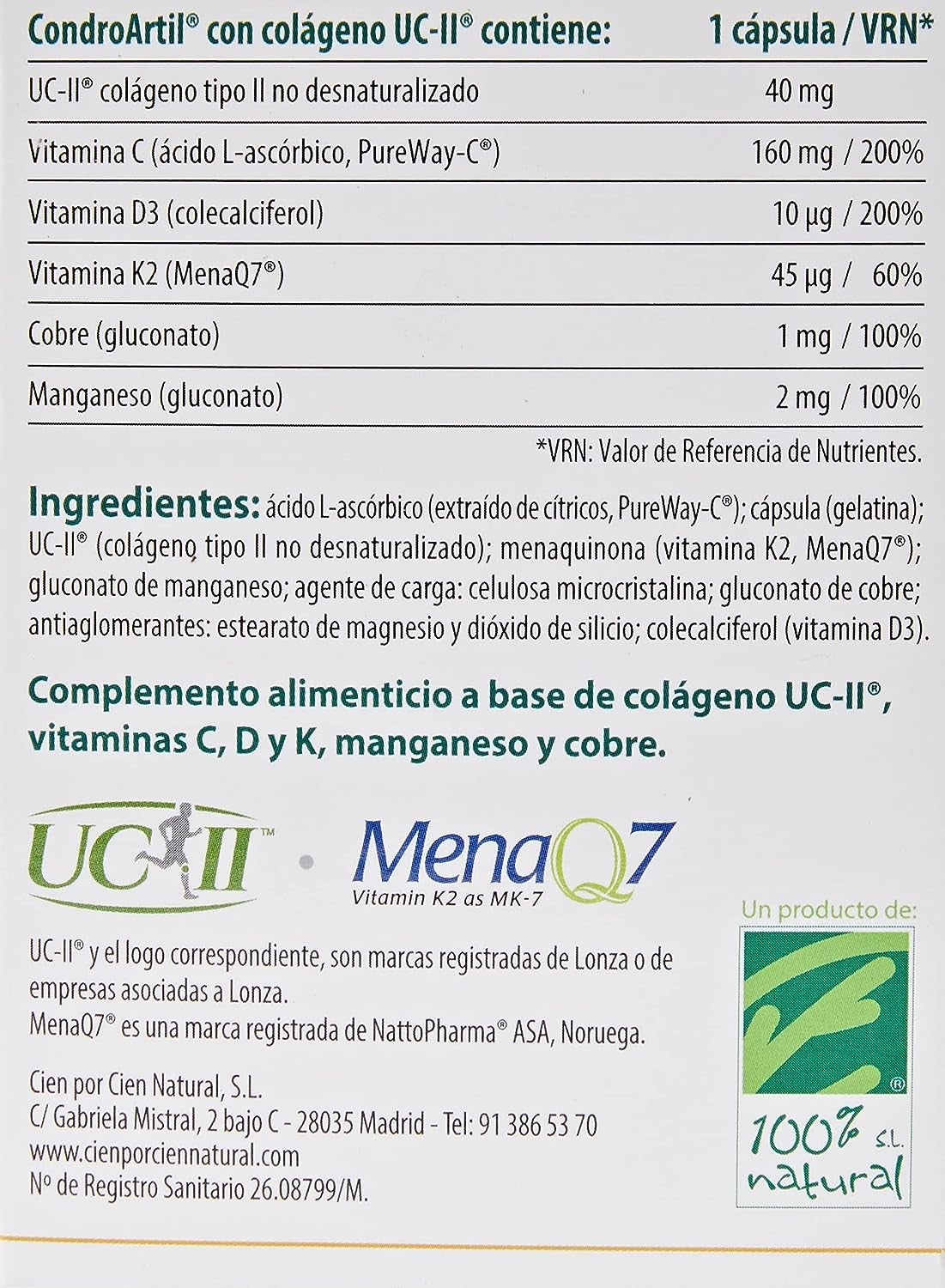 100% Natural Condroartil Con Colágeno Uc-Ii 90 Cápsulas-3