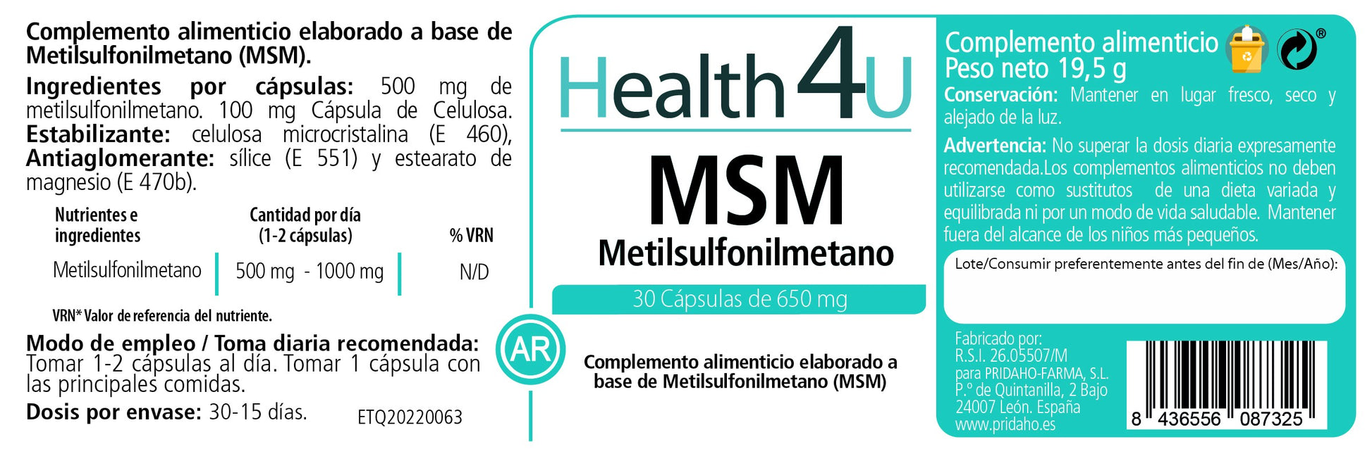 H4U MSM Metilsulfonilmetano 30 cápsulas-2