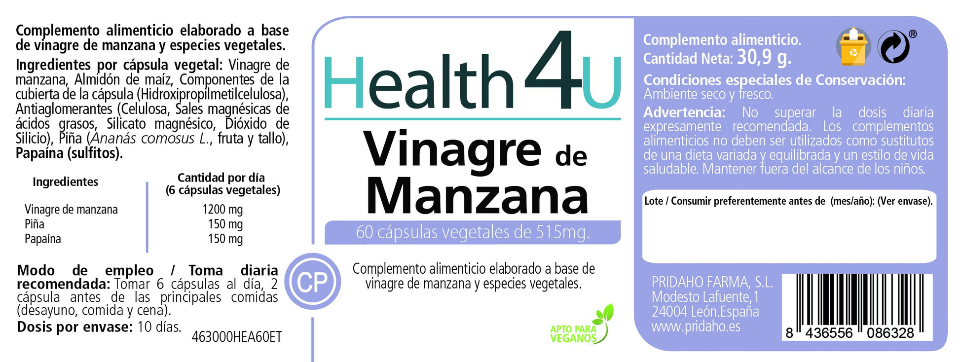 H4U Vinagre de manzana 60 cápsulas vegetales-2