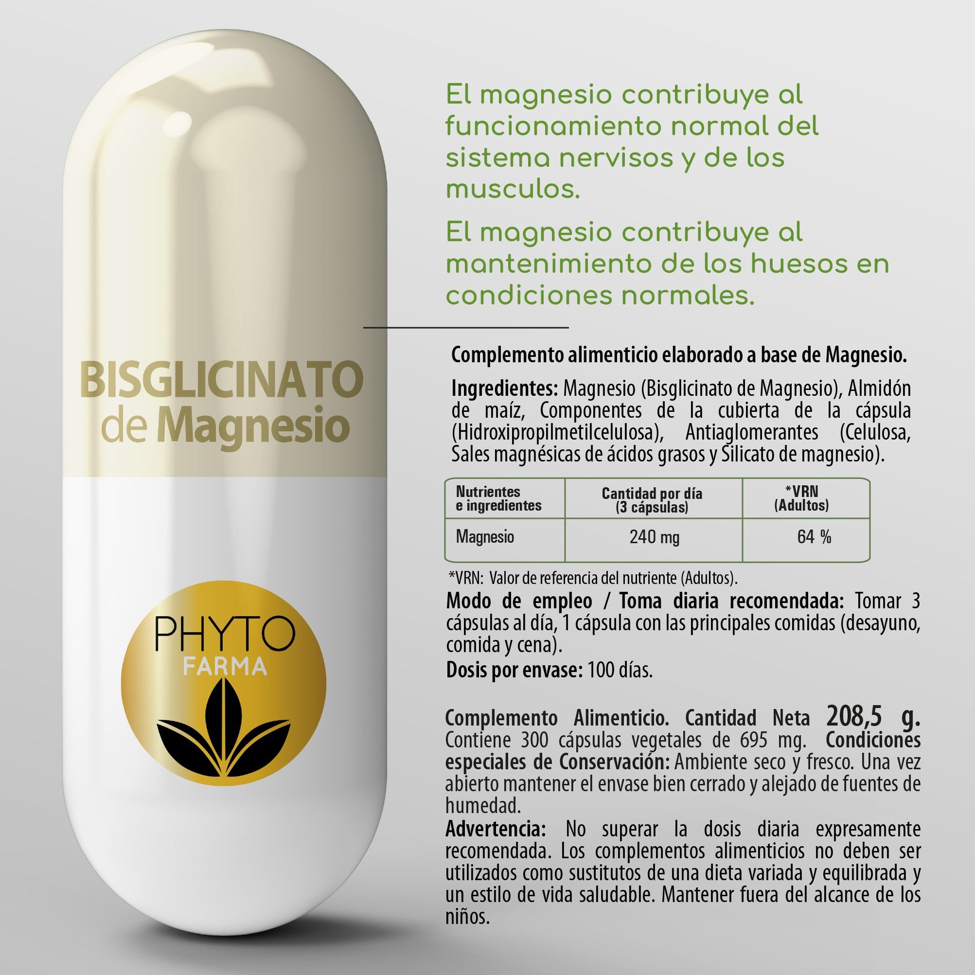 PHYTOFARMA Bisglicinato de Magnesio 300 cápsulas vegetales-3