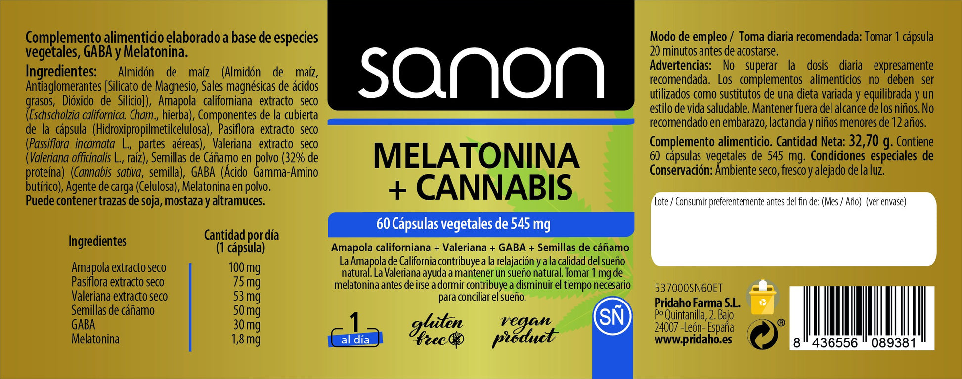 SANON Melatonina + Cannabis 60 cápsulas-2