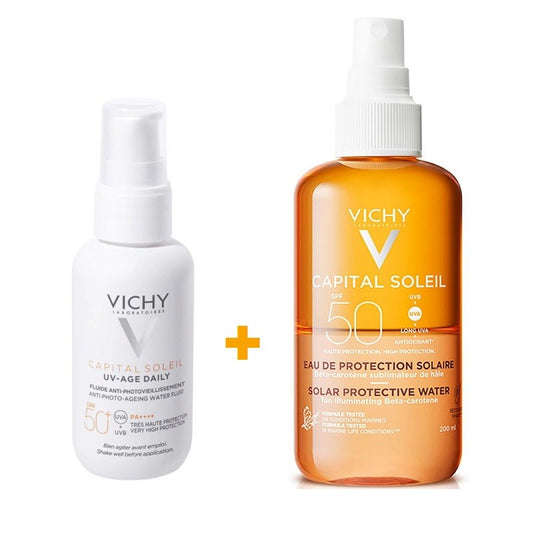 VICHY Capital Soleil UV-AGE Eau Fluide Quotidienne SPF50+ 40 ml + Eau de Protection Solaire Luminosité SPF50 (200 ml)