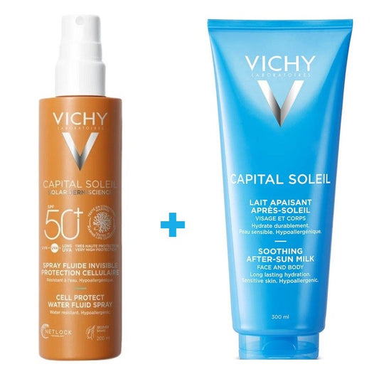 VICHY Capital Soleil Spray Fluide Invisible SPF50+ (200 ml) + Lait Apaisant Après Soleil 300 ml