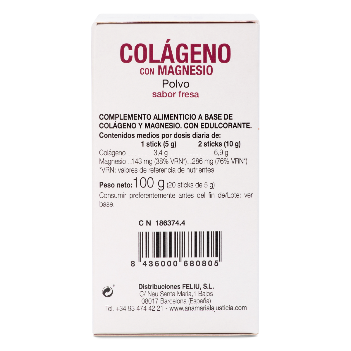 ANA MARÍA LAJUSTICIA Colágeno com Magnésio 20 Sticks Sabor Morango