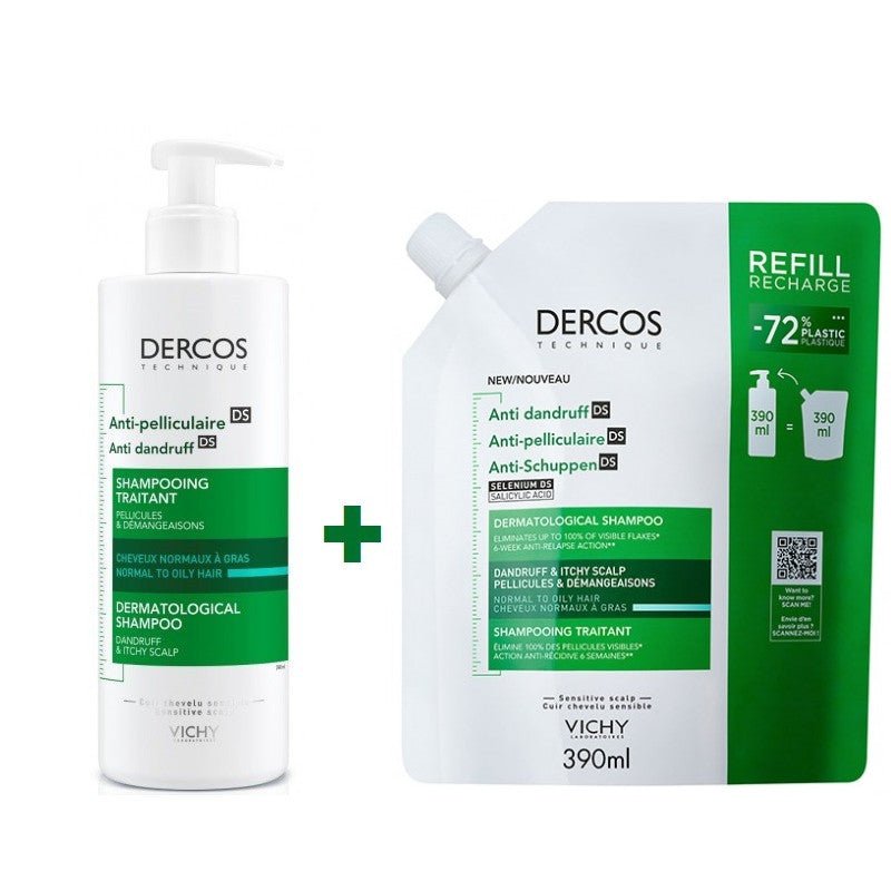 VICHY Dercos Champú Anticaspa Cabello Normal-Graso 390ml + Eco Recarga 390ml