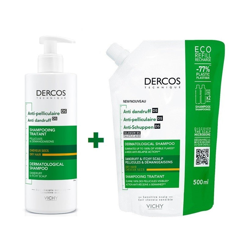 VICHY Dercos Champú Anticaspa Cabello Seco 390ml + Eco Recarga 500ml-1
