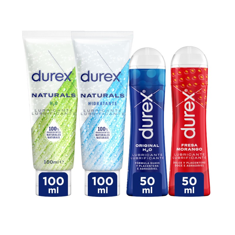 DUREX Pack Lubricantes Naturals H2O 100ml + Play Original H2O 50ml + Naturals Hidratante 100ml + Play Fresa 50ml-1