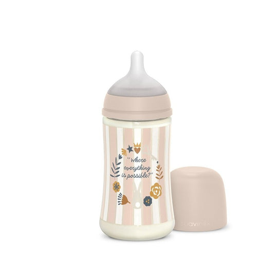 SUAVINEX Biberón Premium Tetina Redonda Silicona 3 Posiciones +0Meses 270ml (Conejito Rayas Rosa)-1