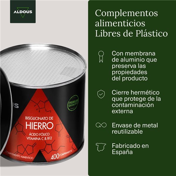 Aldous Bio Hierro 28 mg + Vitamina C, B12 y Ácido Fólico 400 Comprimidos - 2