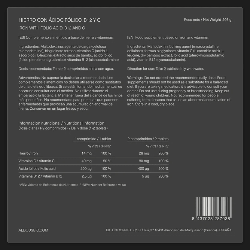 Aldous Bio Hierro 28 mg + Vitamina C, B12 y Ácido Fólico 400 Comprimidos - 3