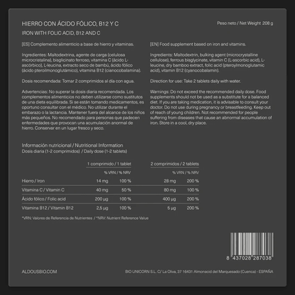 Aldous Bio Hierro 28 mg + Vitamina C, B12 y Ácido Fólico 400 Comprimidos - 3