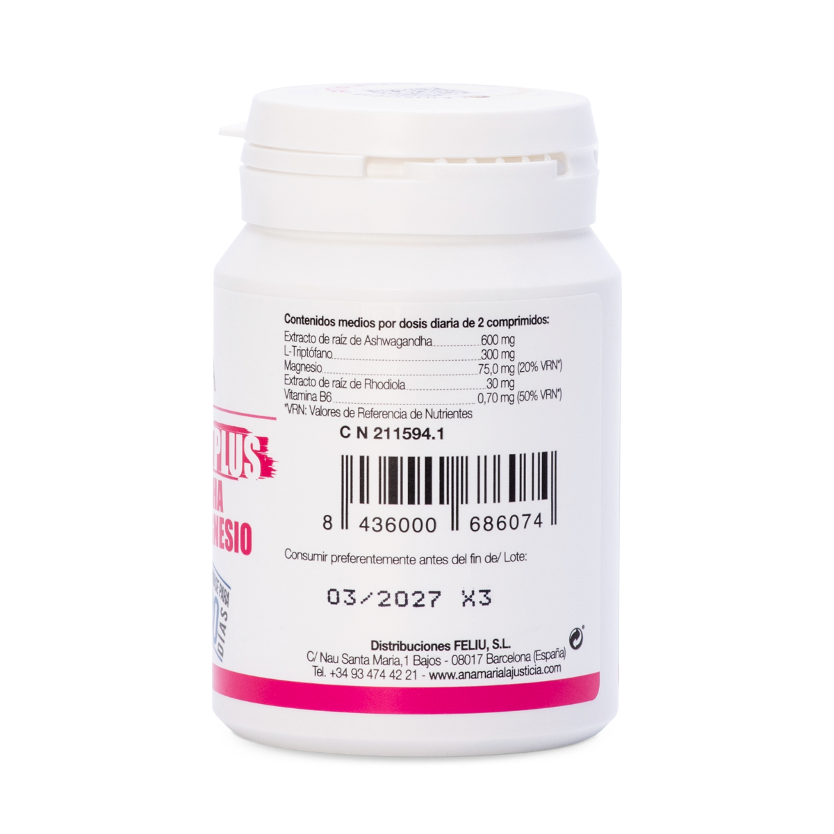 ANA MARÍA LAJUSTICIA Triptófano Plus Ashwagandha Rhodiola y Magnesio 60 Comprimidos