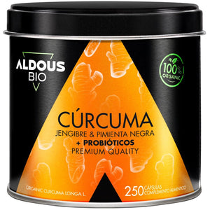 Aldous Cúrcuma Ecológica con Probióticos, Jengibre y Pimienta Negra 250 Cápsulas
