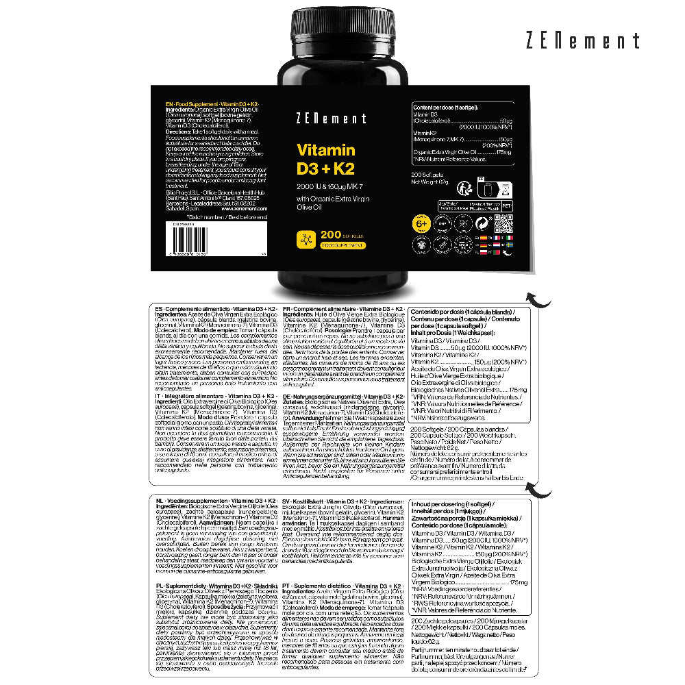 Zenement Vitamina D3 + K2 2000 UI 200 cápsulas