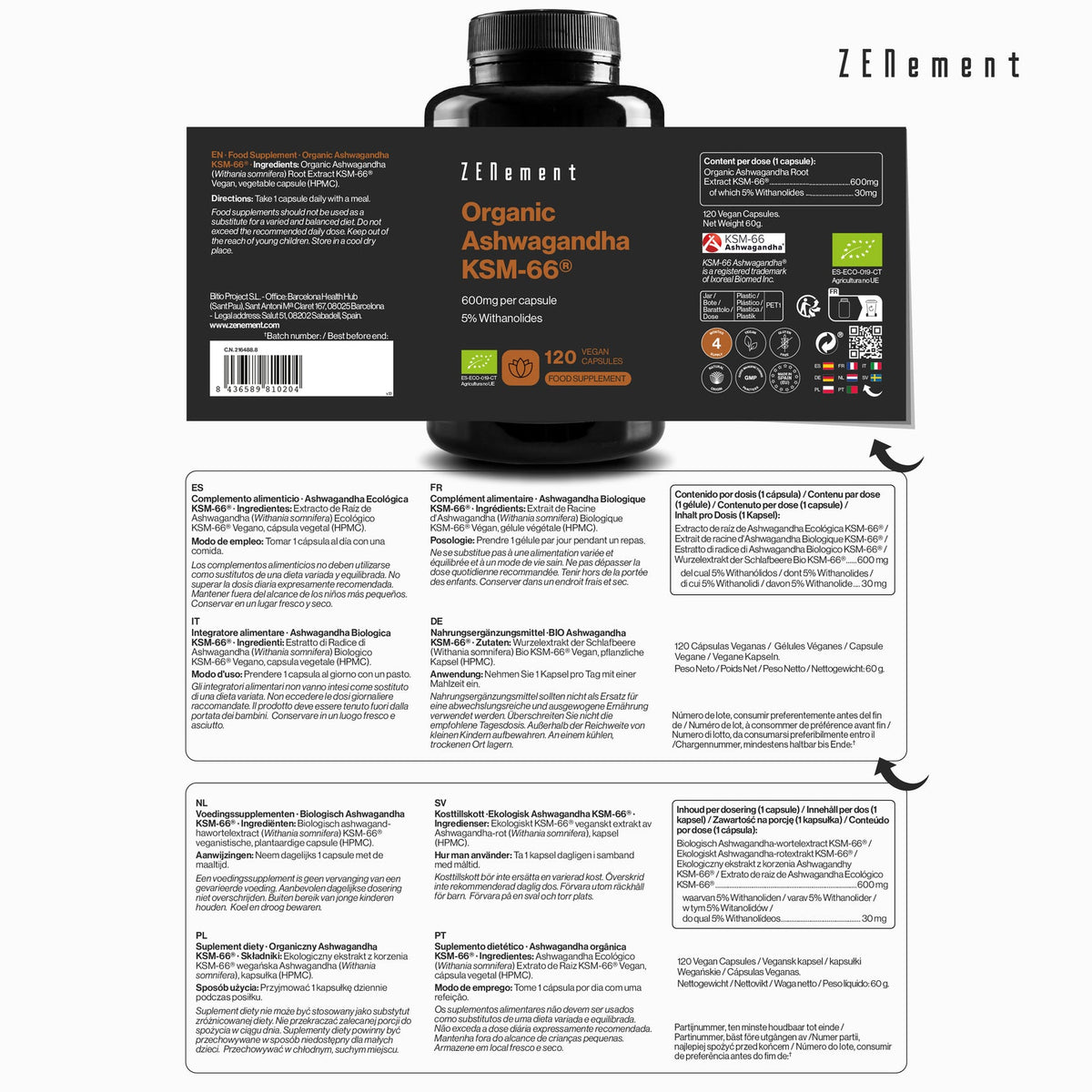 Zenement Ashwagandha Ecológica KSM-66 120 cápsulas